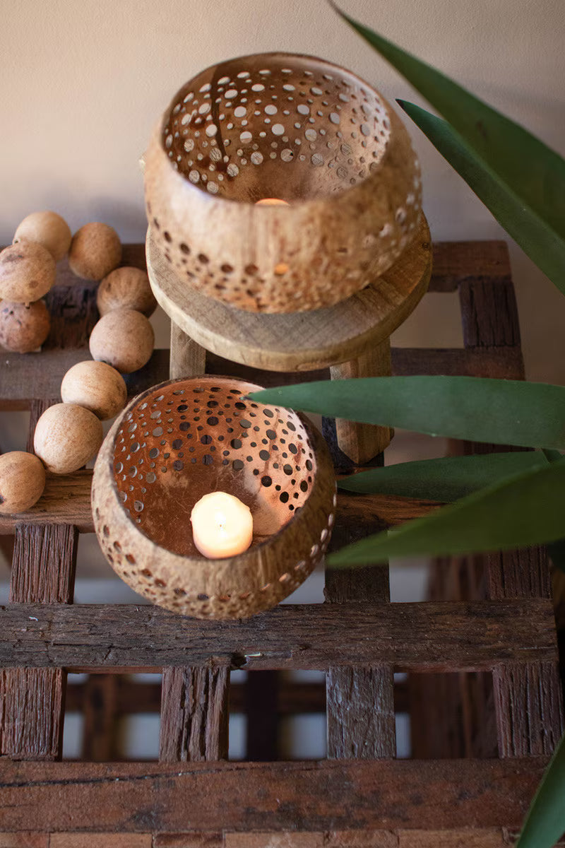 Set of 2 Carved Coconut Luminaries
