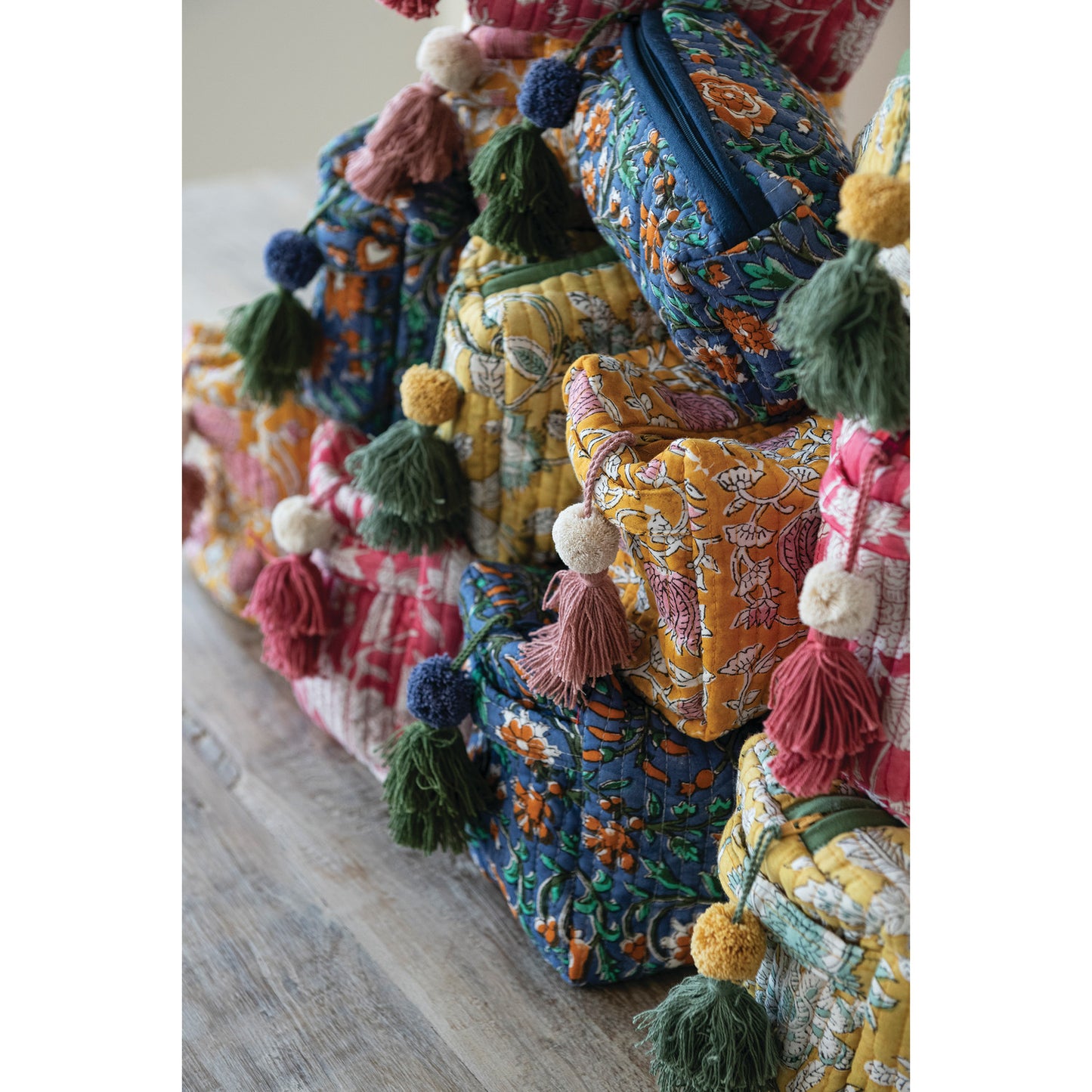 Quilted Cotton Voile Block Zip Pouches with Interior Lining, Set of 3, 4 Colors