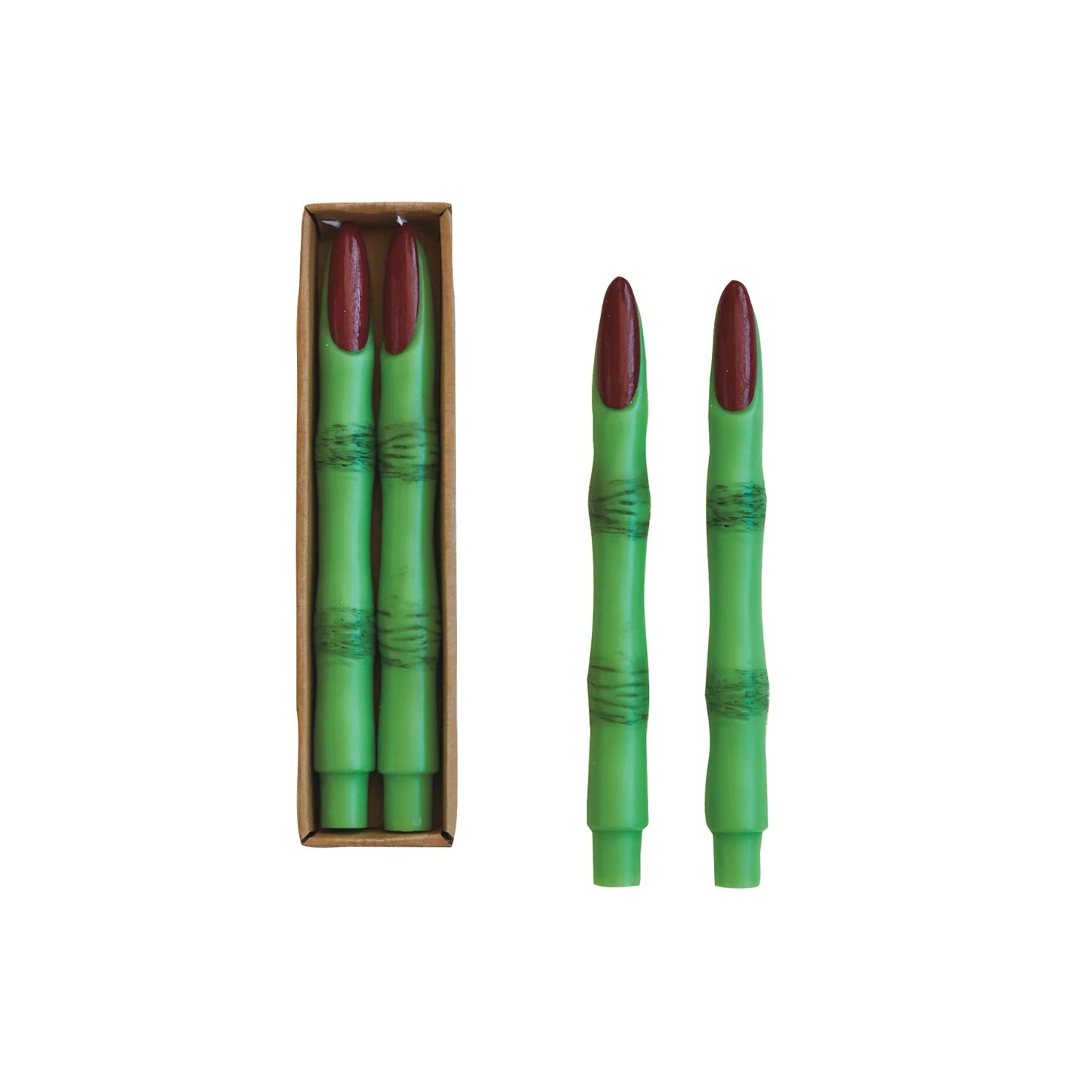 Unscented Witch Finger Shaped Taper Candles in Box, Green & Red, Set of 2
