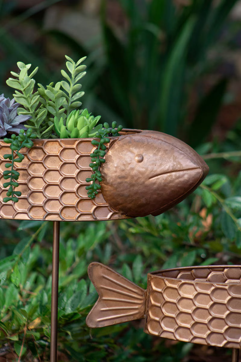 Set of 2 Metal Fish Planter Yard Stakes with Copper Finish