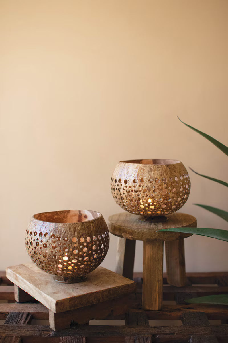 Set of 2 Carved Coconut Luminaries