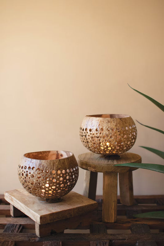 Set of 2 Carved Coconut Luminaries