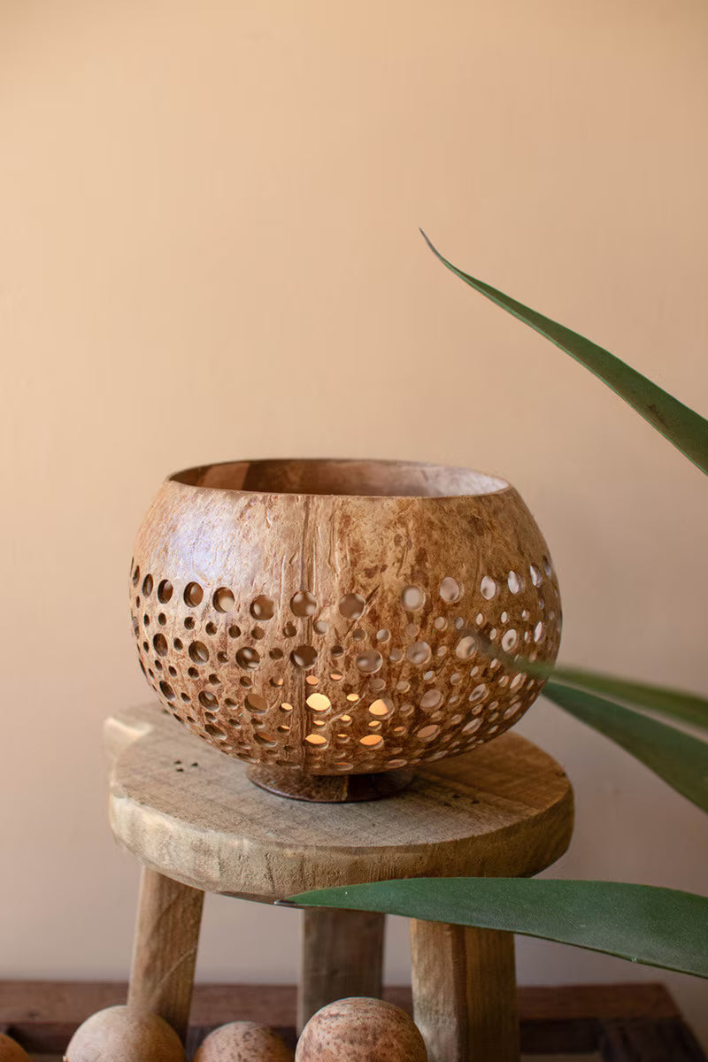 Set of 2 Carved Coconut Luminaries