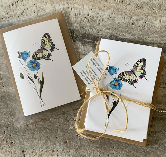 Swallow Tail Butterfly with Himalayan Blue Poppy – Eco-Friendly Greeting Cards (8 pack)