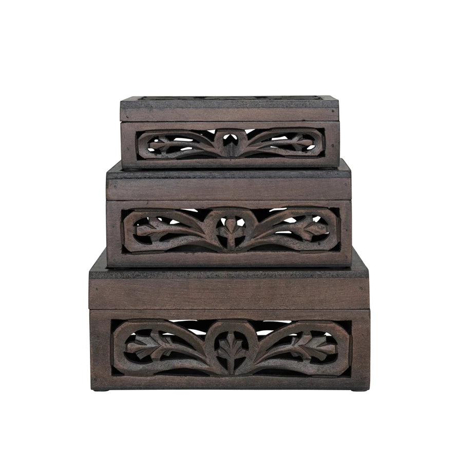 Carved MDF & Mango Wood Nesting Boxes w/ Design, Set of 3