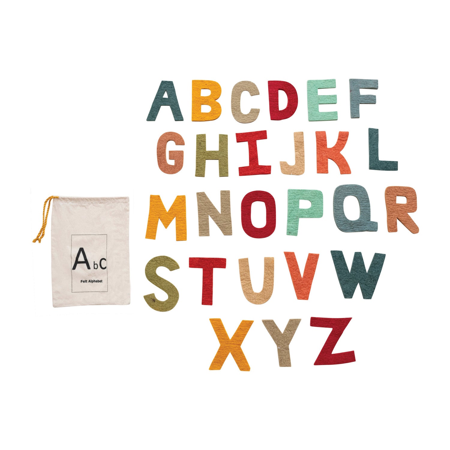 Handmade Wool Felt Alphabet, Set of 26 in Printed Drawstring Bag