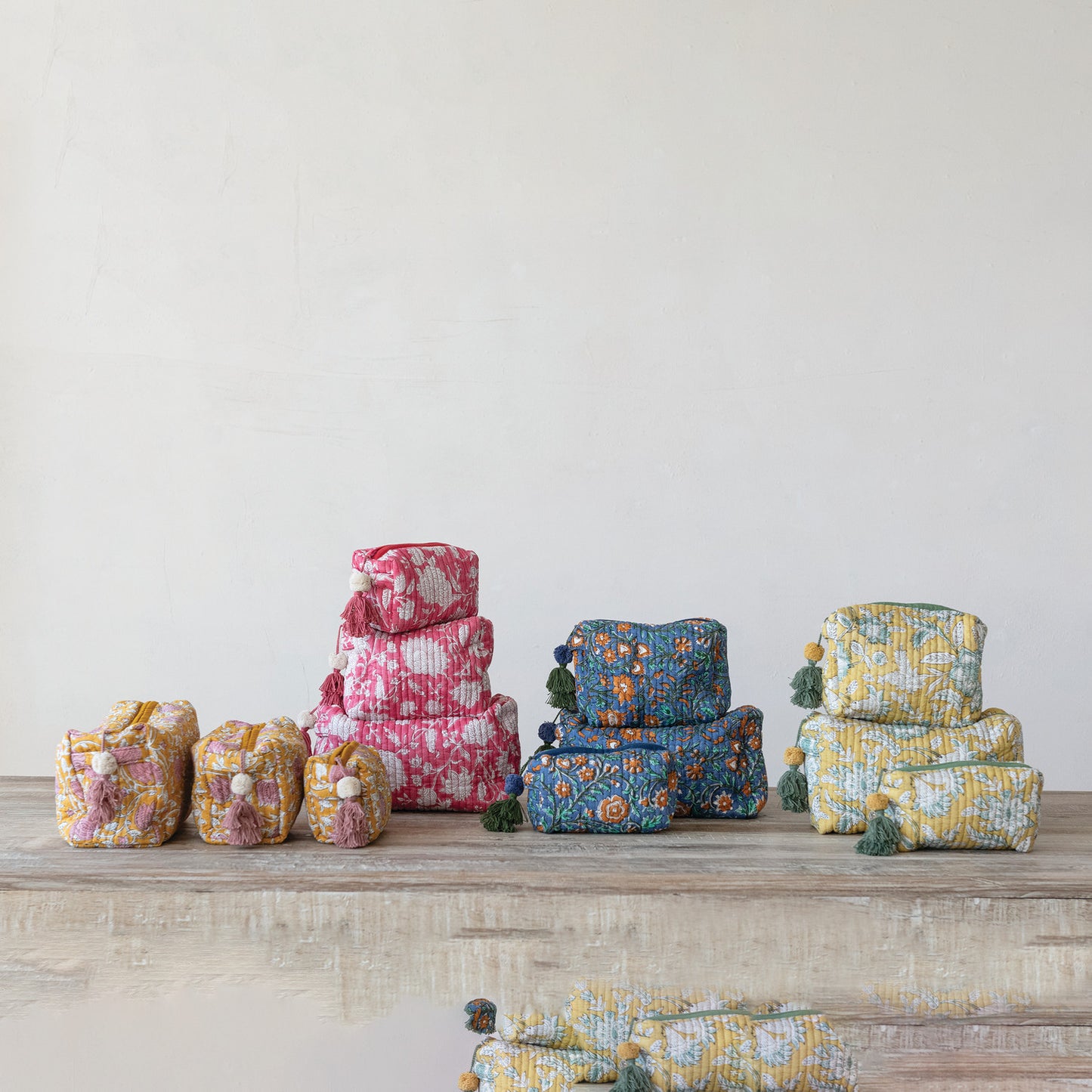 Quilted Cotton Voile Block Zip Pouches with Interior Lining, Set of 3, 4 Colors